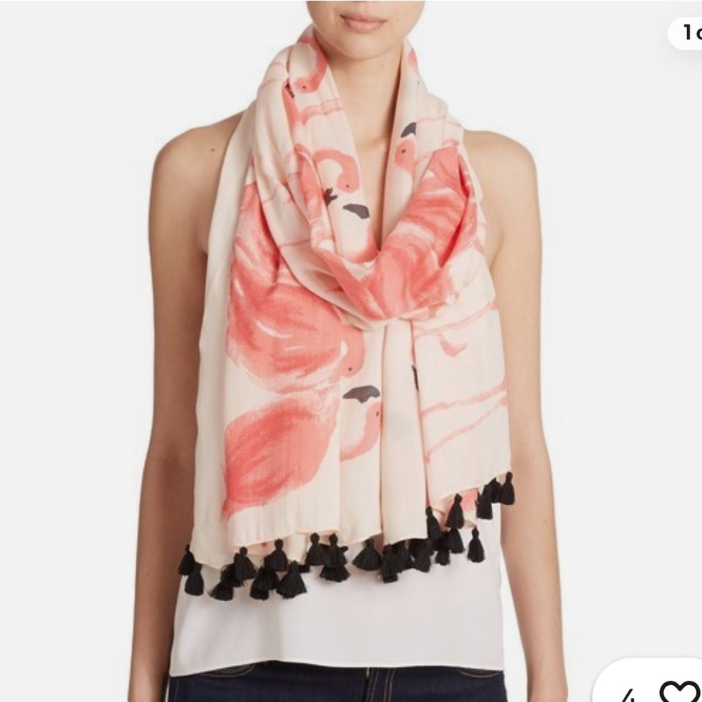 Kate Spade Pink Flamingo Scarf with Black Tassels